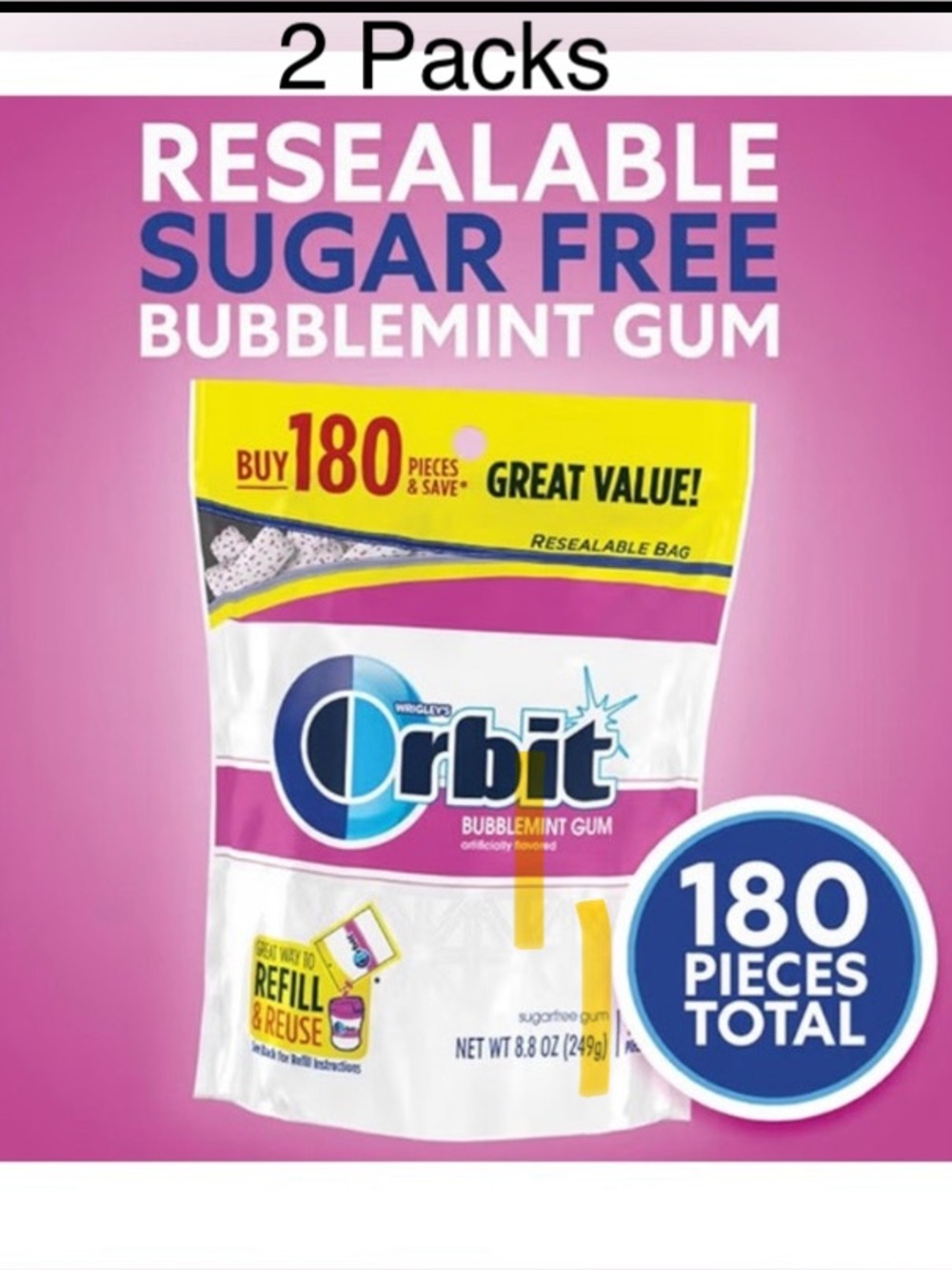 Chewing Gum Orbit Bubblemint Sugar Free, Value Pack - 180 Ct Bag 
Total of 2 PK